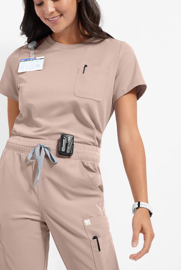 ReSurge Citrine Women's 1-Pocket Crew Neck Tuck In / Wear Out Scrub Top - Mocha Meringue - 1