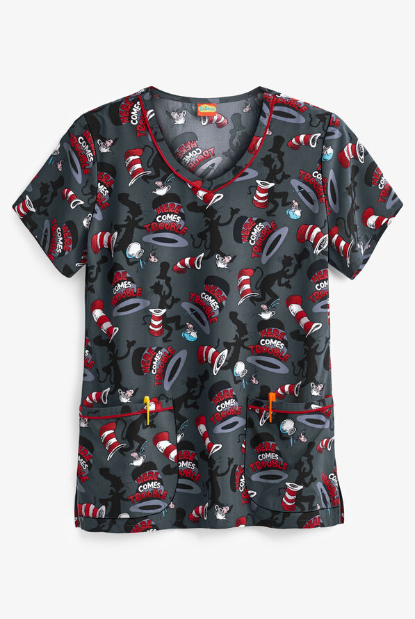 Cherokee Tooniforms Dr. Seuss Here Comes Trouble Women's 2-Pocket V-Neck Print Scrub Top - null - 1