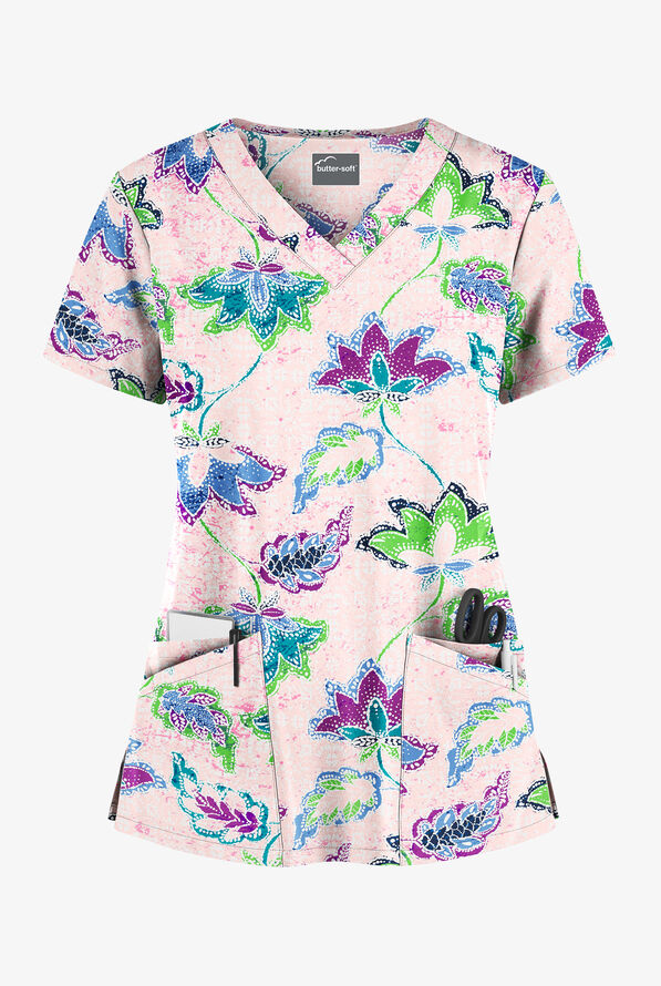 Butter-Soft Chalked Floral Lotus Women's 4-Pocket Rounded V-Neck Print Scrub Top - null - 1