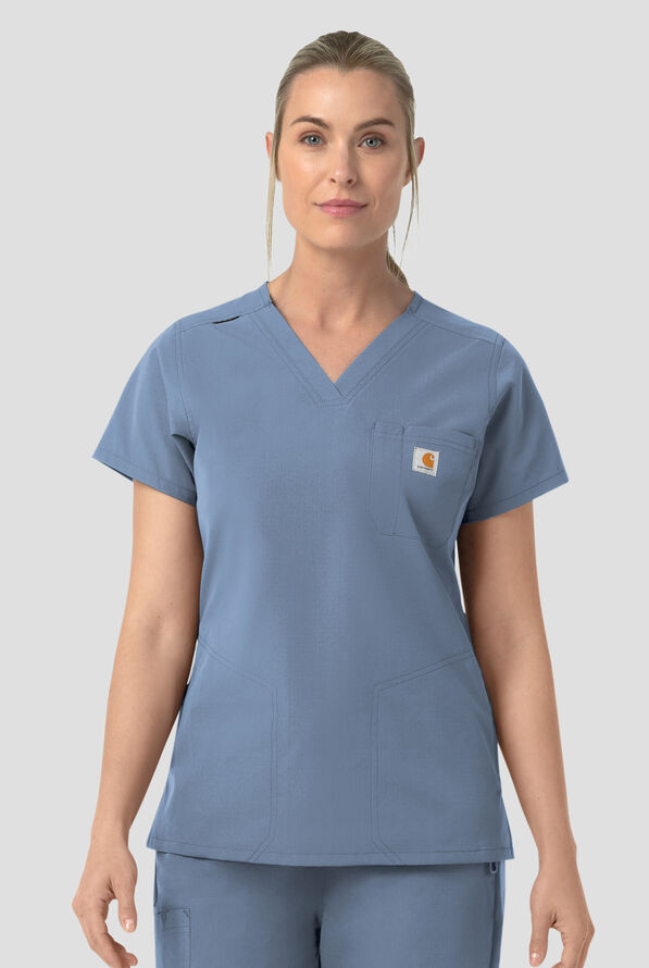 Carhartt FLD & RSCU Rugged Flex Women's 4-Pocket STRETCH V-Neck Scrub Top - Rolling Thunder - 2