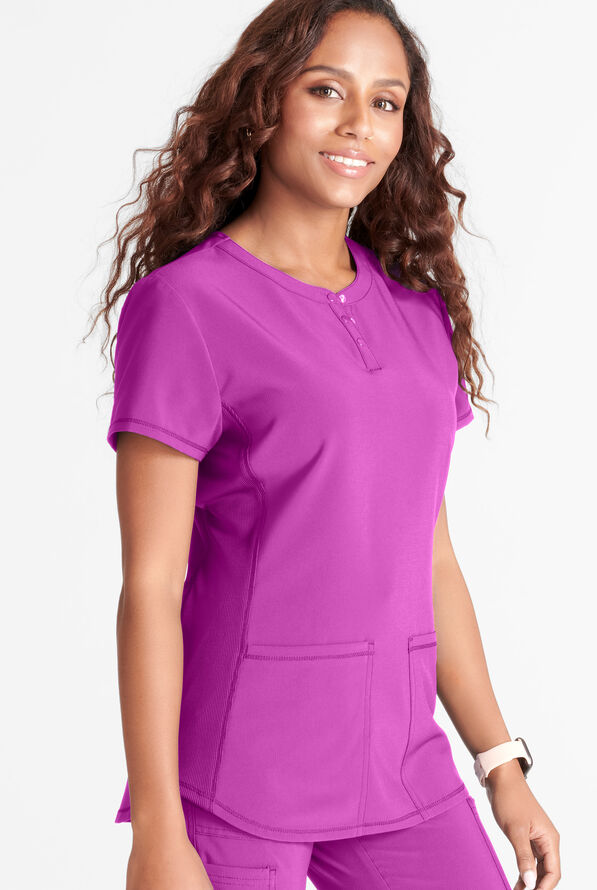 Cherokee Collection Women's 3-Pocket STRETCH Rib-Knit Side Snap Henley Scrub Top - Vibrant Violet - 2