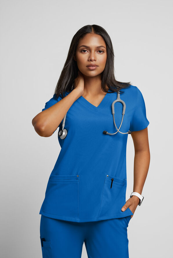 Easy STRETCH Lina Mitered Women's 4-Pocket V-Neck Scrub Top - Royal - 2