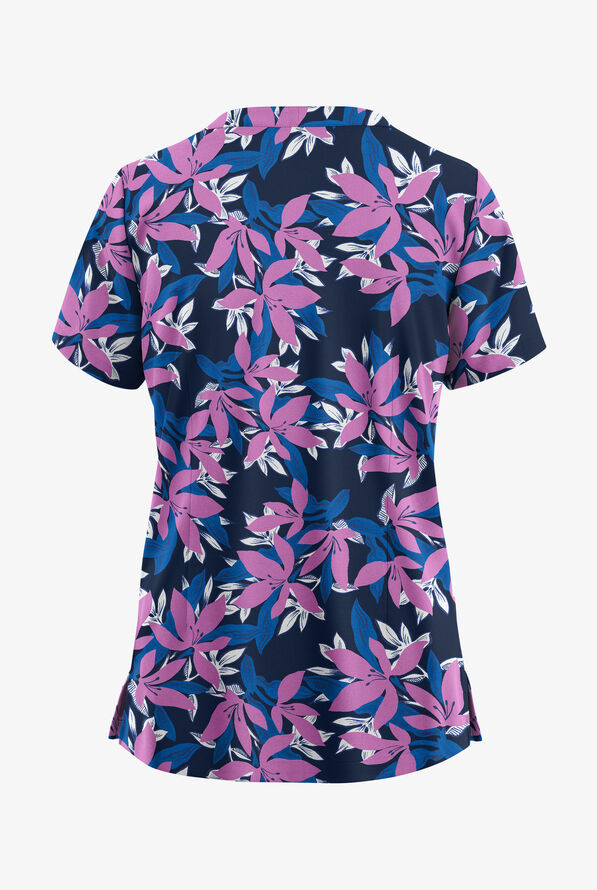 Butter-Soft STRETCH Happy Morning Floral Navy Women's 4-Pocket Notch Neck Print Scrub Top - null - 2