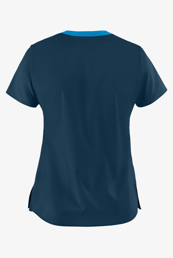 WonderWink WonderFLEX Patience Women's 4-Pocket STRETCH Notch-Neck Scrub Top - Navy/Malibu - 3
