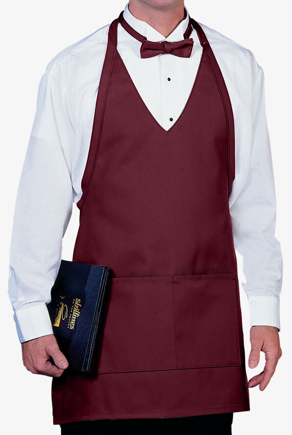 Chef Uniforms Unisex 2-Pocket Tuxedo V-Neck Chef Apron - Burgundy - 1