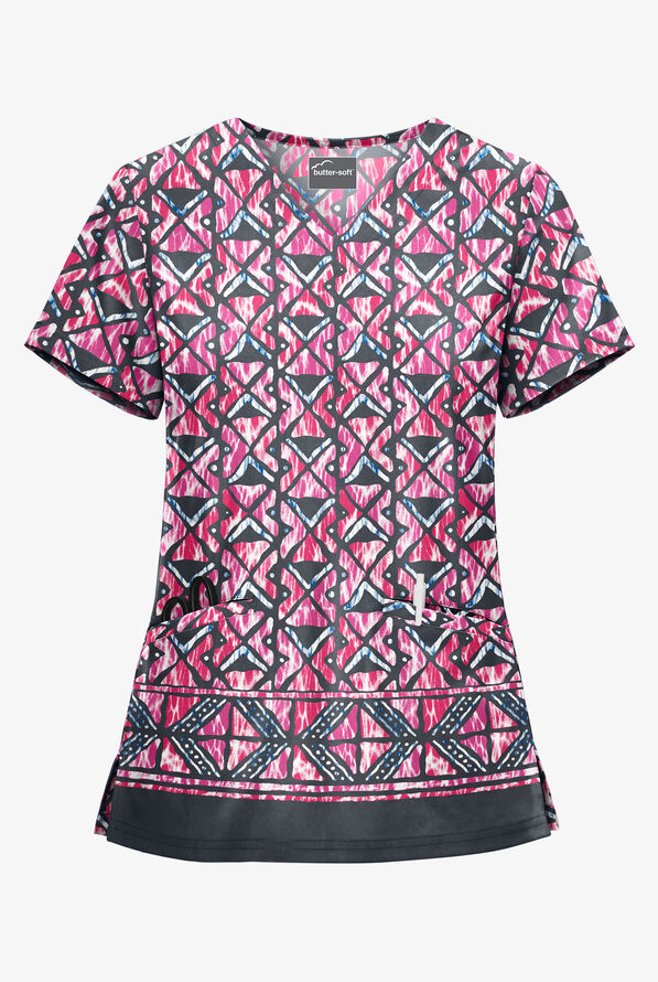 Blusa médica estampada Butter-Soft Day Dance Pewter con cuello en V y 2 bolsillos para mujer - null - 1