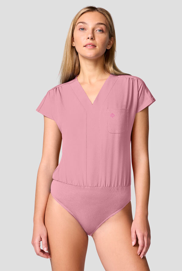 Med Couture Amp Women's 1-Pocket STRETCH Dolman Sleeve V-Neck Scrub Body Suit - Pixel Pink - 1