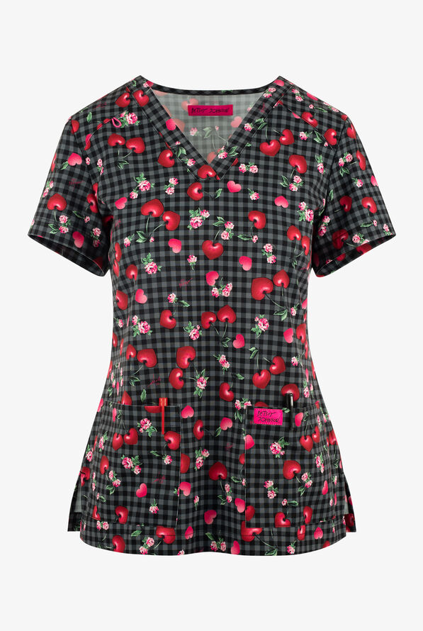 Betsey Johnson Mon Cheri Hearts Women's 2-Pocket STRETCH V-Neck Print Scrub Top - null - 1