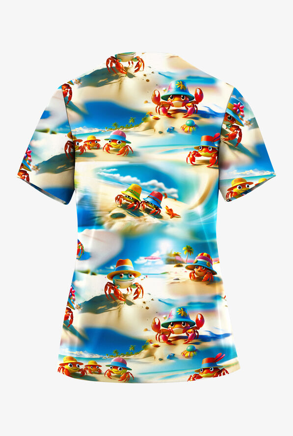 Butter-Soft STRETCH Beach Hat Vibes Golden Sand Women's V-Neck Print Scrub Top - null - 2