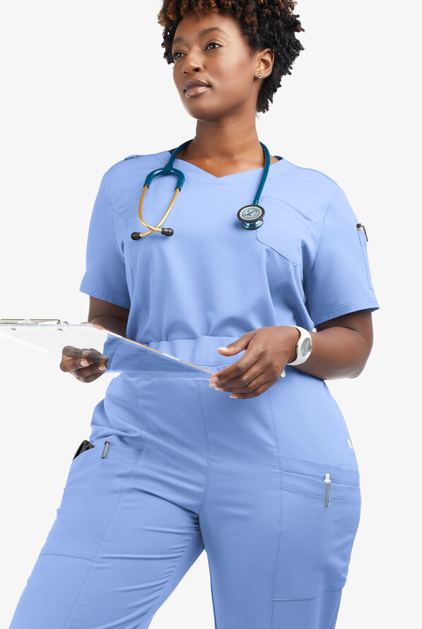 Butter-Soft Women's 3-Pocket V-Neck Tuck-In Scrub Top **Slightly IRREGULAR** - Ceil Blue - 4