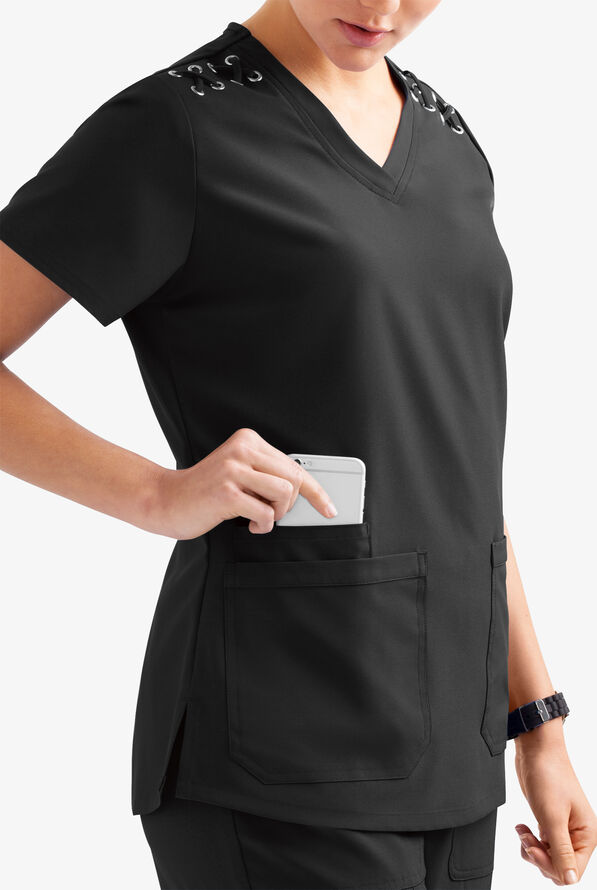 Blusa m&eacute;dica Easy STRETCH Leila con ojales con lazos y 3 bolsillos para mujer - Onyx Black - 3