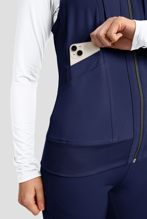 Med Couture Amp Women's 4-Pocket STRETCH Zip Front Removable Hoodie Scrub Vest - Navy - 4