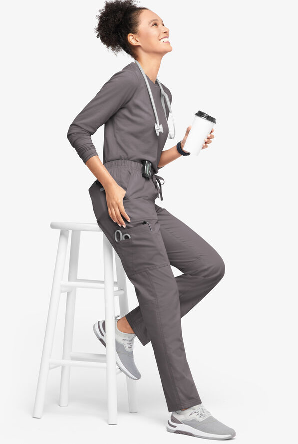 Butter-Soft Originals Women's 7-Pocket Mid Rise Straight Leg Cargo Scrub Pants - Petite - Grey Stone - 4