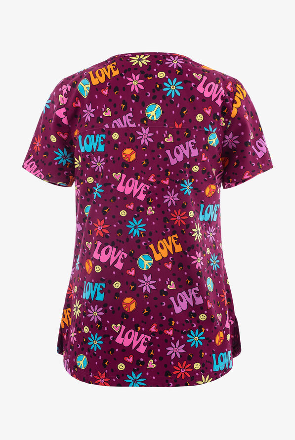 Dickies EDS Happy Hippie Love Women's 2-Pocket STRETCH V-Neck Print Scrub Top - null - 2