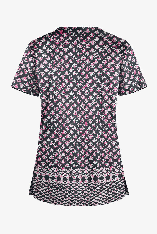Butter-Soft STRETCH Night Garden Pewter Women's 1-Pocket V-Neck Print Scrub Top - null - 2