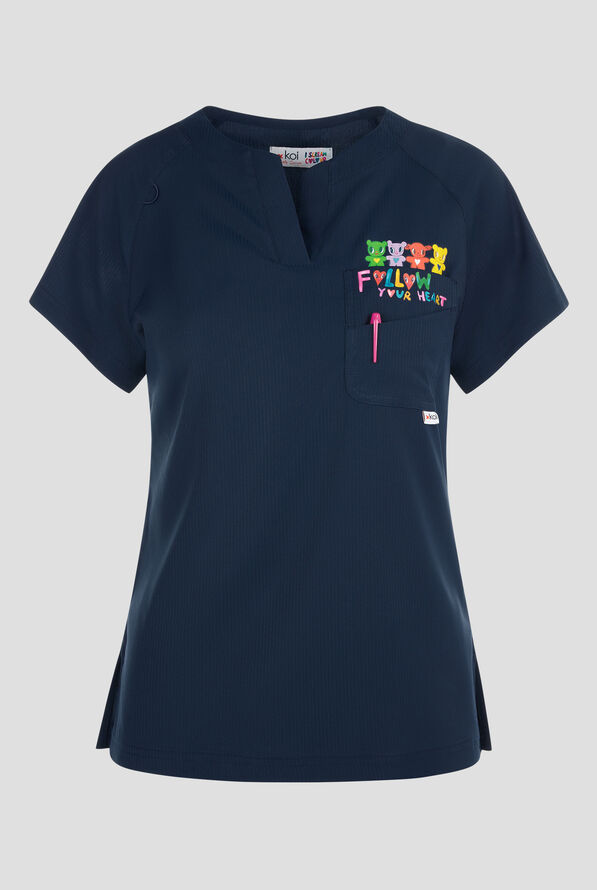 koi Lite Follow Your Heart Navy Women's 2-Pocket V-Neck Print Scrub Top - null - 1