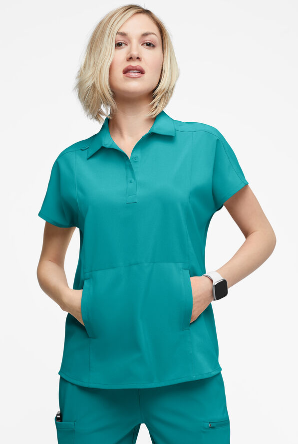 Easy STRETCH LEA Women's 3-Pocket Polo Collar Scrub Top - Teal - 2