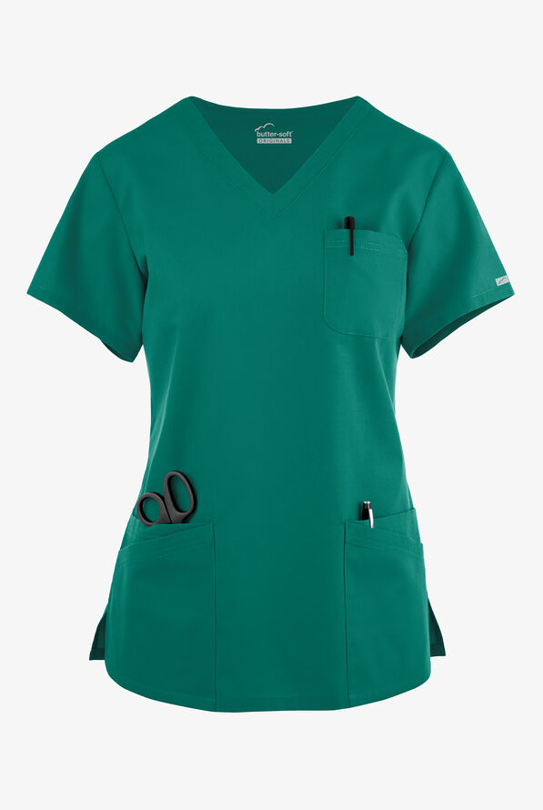 Blusa médica Butter-Soft Originals con cuello en V curvo y 7 bolsillos para mujer - Hunter - 1