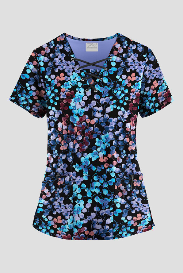 Tafford Active STRETCH Floral Blossoms Women's 4-Pocket Lace Up V-Neck Print Scrub Top - null - 1