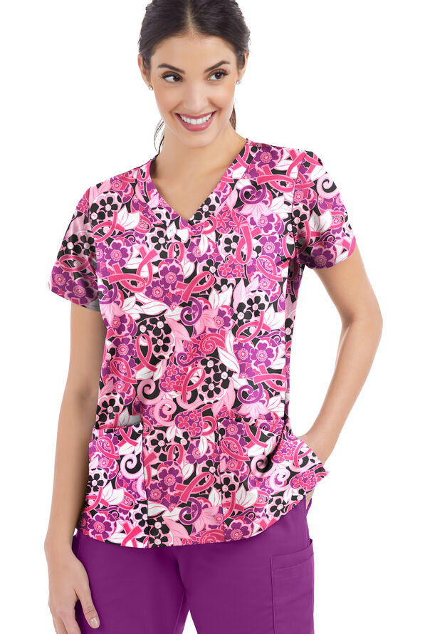 Strictly Scrubs STRETCH Pink Ribbon Bouquet Women's 4-Pocket Rounded V-Neck Print Scrub Top - null - 1
