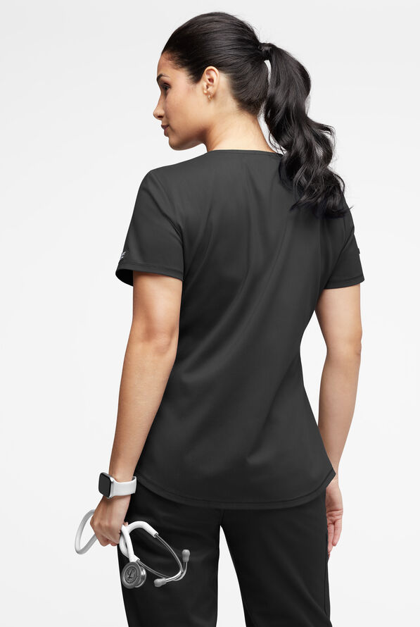 UA Exclusive Cherokee Workwear Revolution Women's 2-Pocket STRETCH Mesh Trim V-Neck Scrub Top - Black - 3