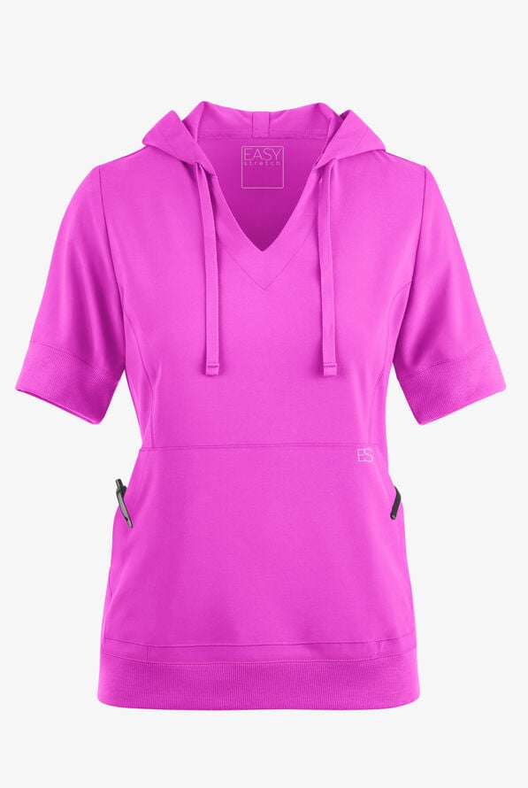 Easy STRETCH True Women's 3-Pocket Short Sleeve Pull-Over Scrub Hoodie - Electric Fuchsia - 2
