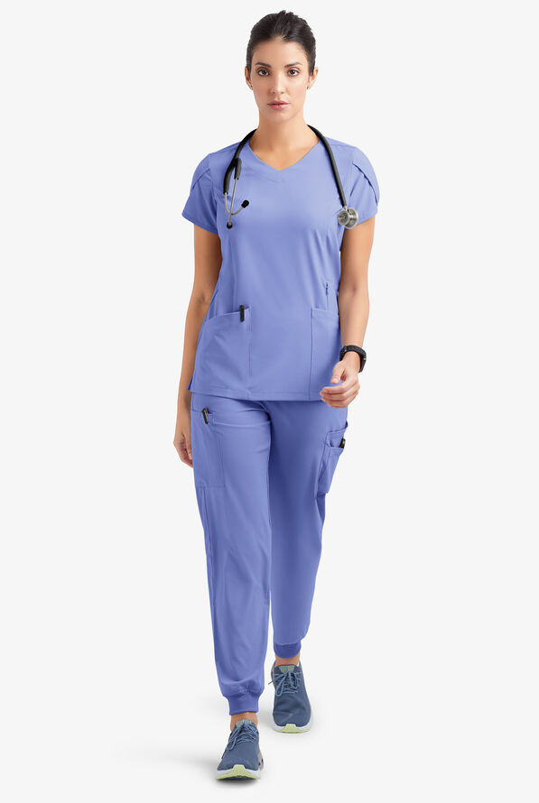 Blusa médica Easy STRETCH Daisy con cuello en V y 4 bolsillos para mujer - Ceil Blue - 2