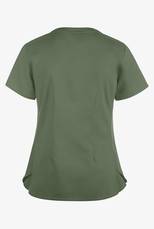 Med Couture Touch Women's 3-Pocket STRETCH Rib-Knit Side Panels Shirttail V- Neck Scrub Top - Olive - 2