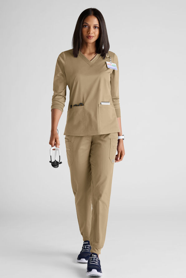 Butter-Soft STRETCH Women's 5-Pocket 3/4" Sleeve V-Neck Scrub Top - Golden Sand - 3