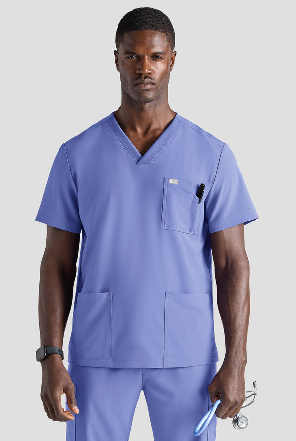 Easy STRETCH Men's 5-Pocket V-Neck Scrub Top - Ceil Blue - 1