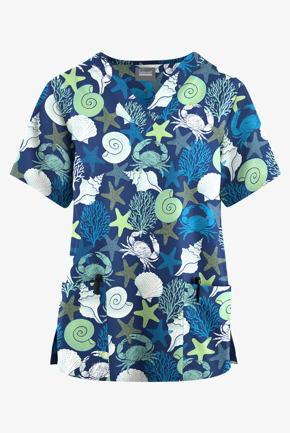 Butter-Soft Originals Beach Day Royal Women's 2-Pocket V-Neck Print Scrub Top - null - 1
