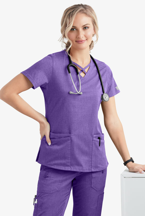 Butter-Soft STRETCH Women's 4-Pocket Crisscross Scrub Top - Sparkling Grape Heather - 2