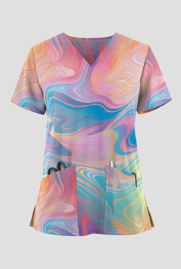 Easy STRETCH Dreamy Waves Turquoise Women's 2-Pocket V-Neck Print Scrub Top - null - 1