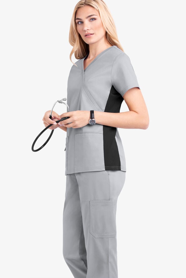 Butter-Soft STRETCH Women's 3-Pocket V-Neck with Side Knit Panels Scrub Top - Silver/Black - 2