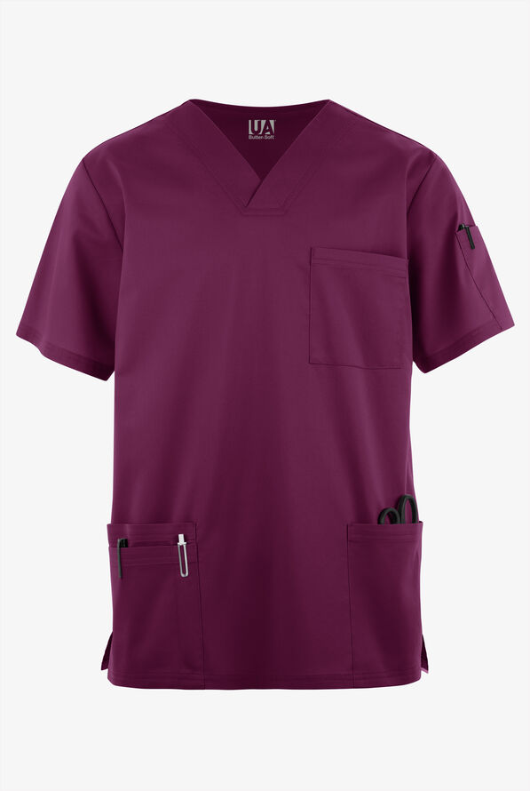Butter-Soft STRETCH Men's 6-Pocket V-Neck Scrub Top - Wine - 1