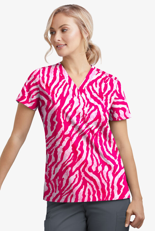 Butter-Soft STRETCH Tiger Fantasy Fuchsia Women's 1-Pocket Tuck-In V-Neck Print Scrub Top - null - 2