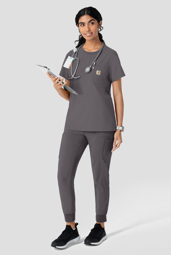 Carhartt Cross-Flex Force Women's 1-Pocket STRETCH Knit Trim Crew Neck Scrub Top - Pewter - 3