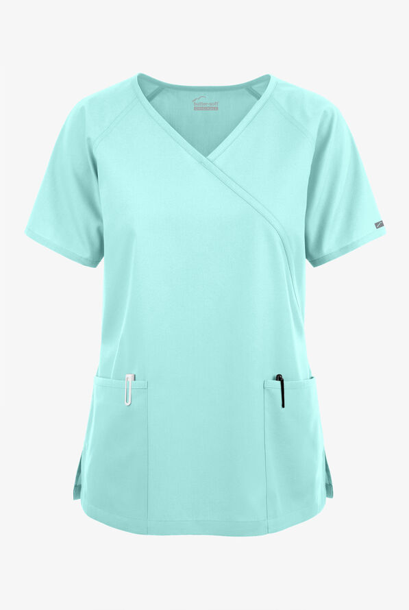 Blusa médica Butter-Soft Originals estilo cruzado con 3 bolsillos para mujer - Sea Frost - 1