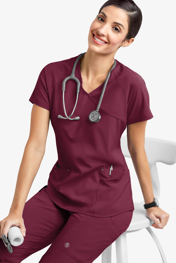 Blusa m&eacute;dica Easy STRETCH Cara con mangas ragl&aacute;n y 4 bolsillos para mujer - Wine - 6