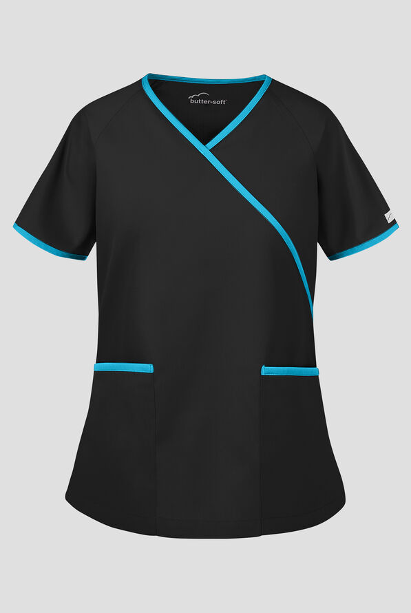 Blusa m&eacute;dica Butter-Soft Core by UA&trade; estilo cruzado con 2 bolsillos para mujer - Black/Turquoise - 1