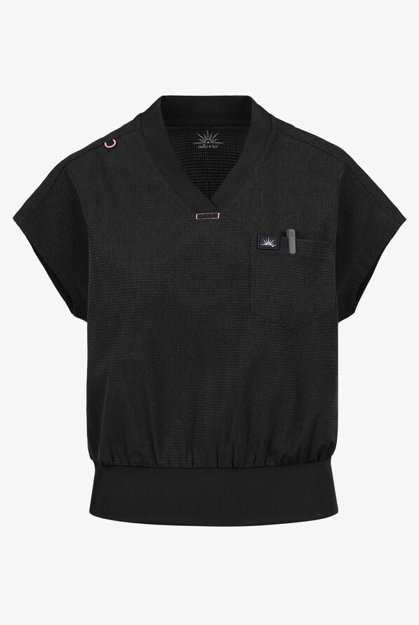 koi Solis Trinity Women's 1-Pocket STRETCH Banded Bottom Split V-Neck Scrub Top - Black - 1