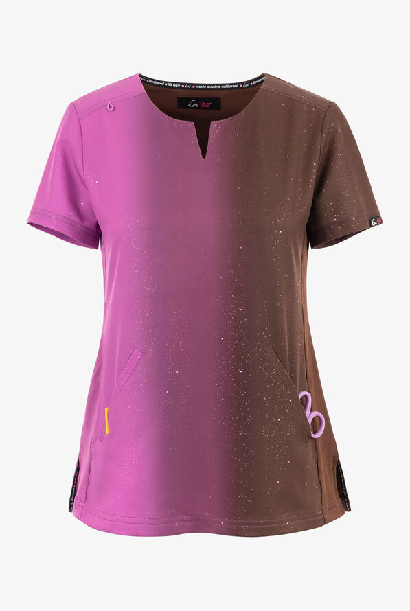 koi Lite Vertical Sparkle Brown Taupe Ombre Women's 2-Pocket STRETCH Split Neck Print Scrub Top - null - 1
