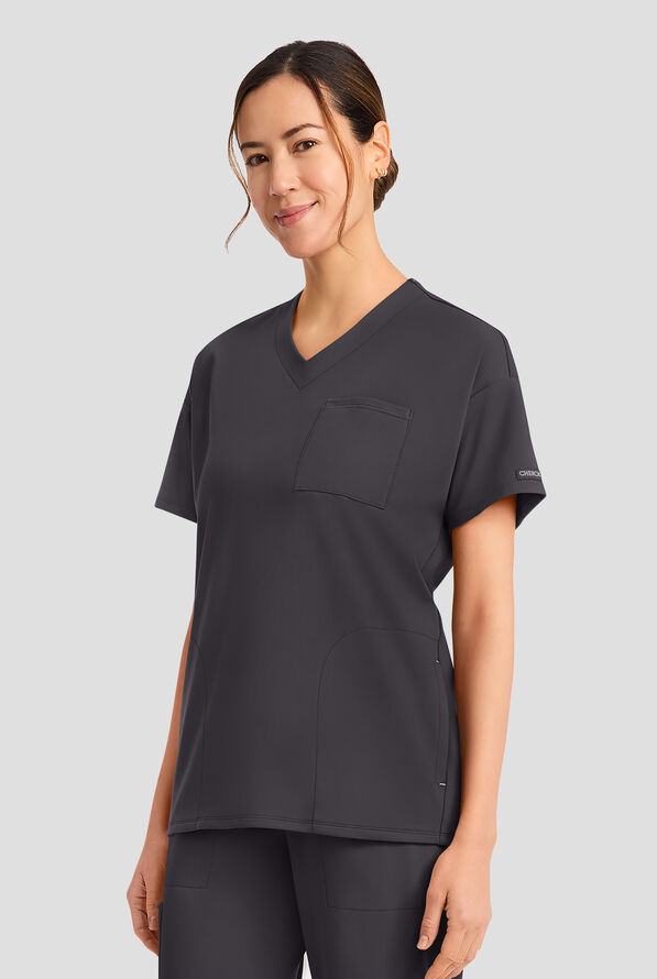Cherokee Achieve Women's 3-Pocket  STRETCH Tunic V-Neck Knit Scrub Top - Pewter - 3