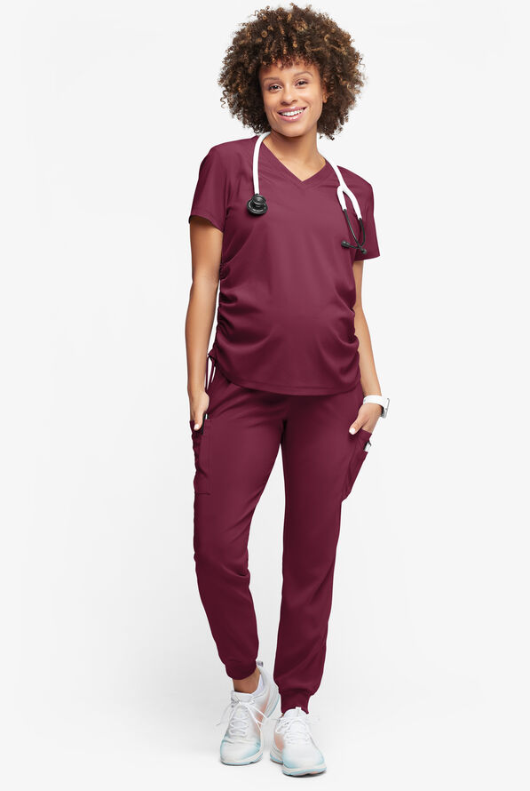 Easy STRETCH Chrissy Women's Maternity 4-Pocket Tapered Leg Jogger Scrub Pants - Wine - 5