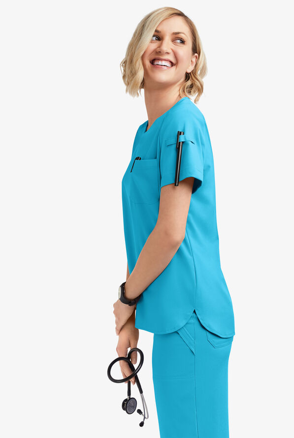 Easy STRETCH Nikki Women's 1-Pocket Scallop Neck Tuck-In Scrub Top - Turquoise - 2