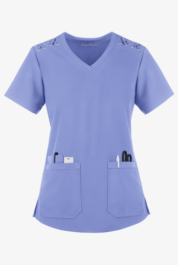 Blusa médica Easy STRETCH Leila con ojales y lazos para mujer - Ceil Blue - 1