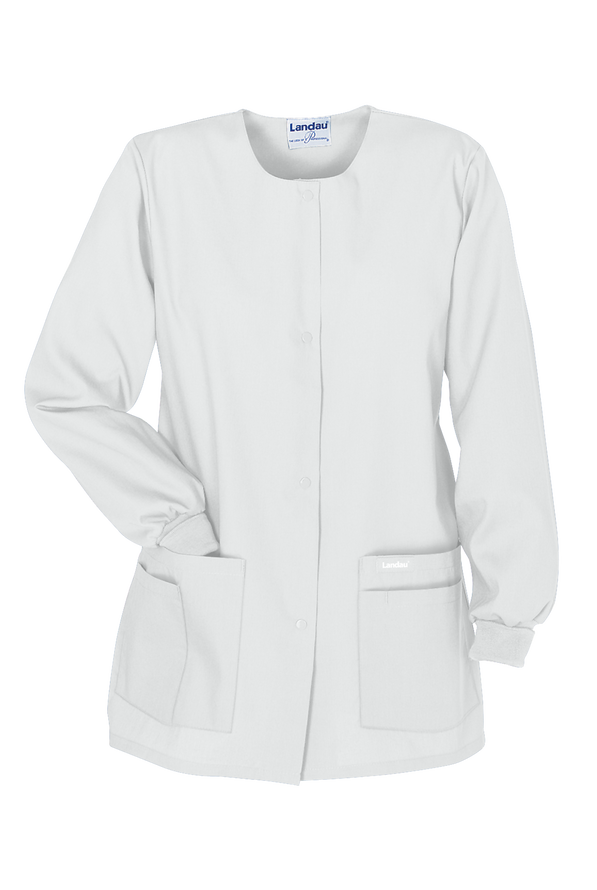 Landau Women's 4-Pocket Front Snap Closure Warm-Up Scrub Jacket - White - 1