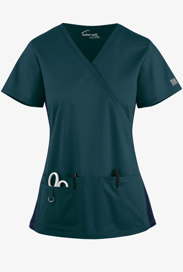 Blusa médica UA Butter-Soft STRETCH con cuello en V y paneles laterales de punto tejido para mujer - Caribbean Blue/Navy - 1