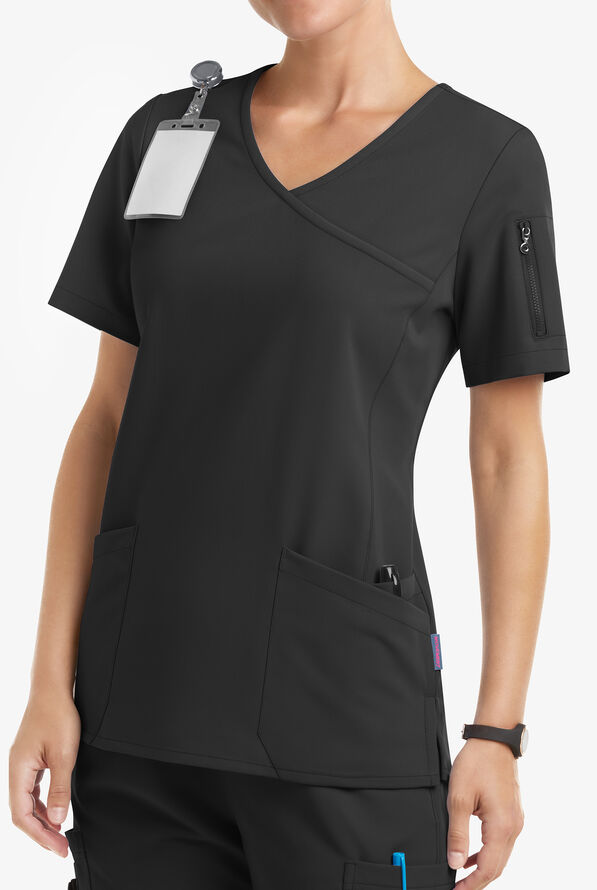 MOVEMENT by Butter-Soft Capella Women's 5-Pocket Faux Wrap STRETCH Scrub Top - Black - 2