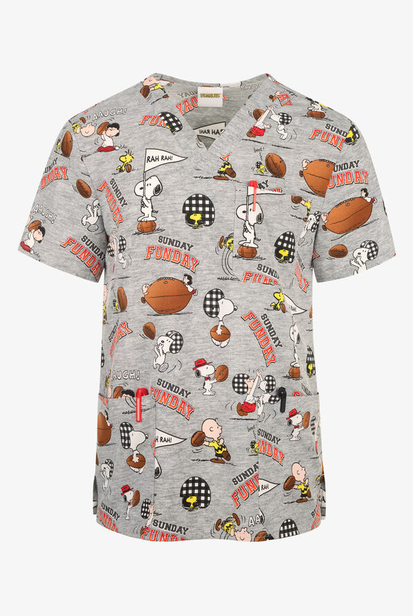Tooniforms Peanuts Snoopy Funday Men's 3-Pocket STRETCH V-Neck Print Scrub Top - null - 1